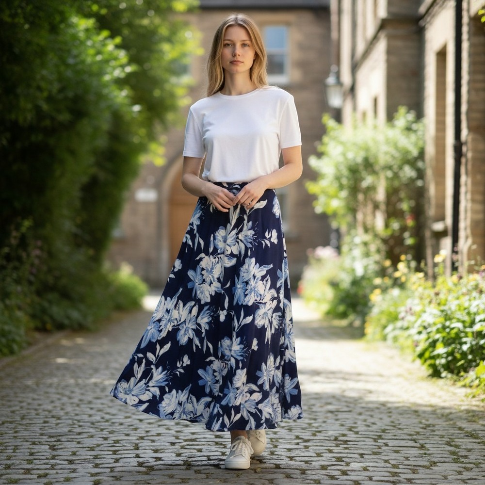 Lulus Navy Blue White Floral Maxi Skirt High‎ Waisted Flowy Long Skirt 18218 S